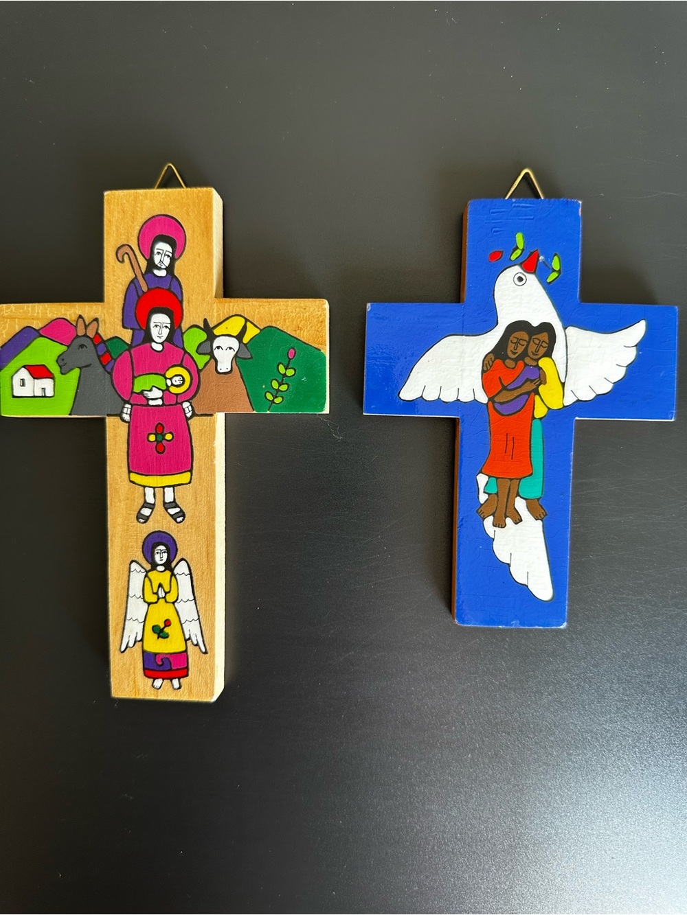 Vintage Christian Folk Art Crosses Set of 2 Painted Wood Jesus Angel Dove Decor